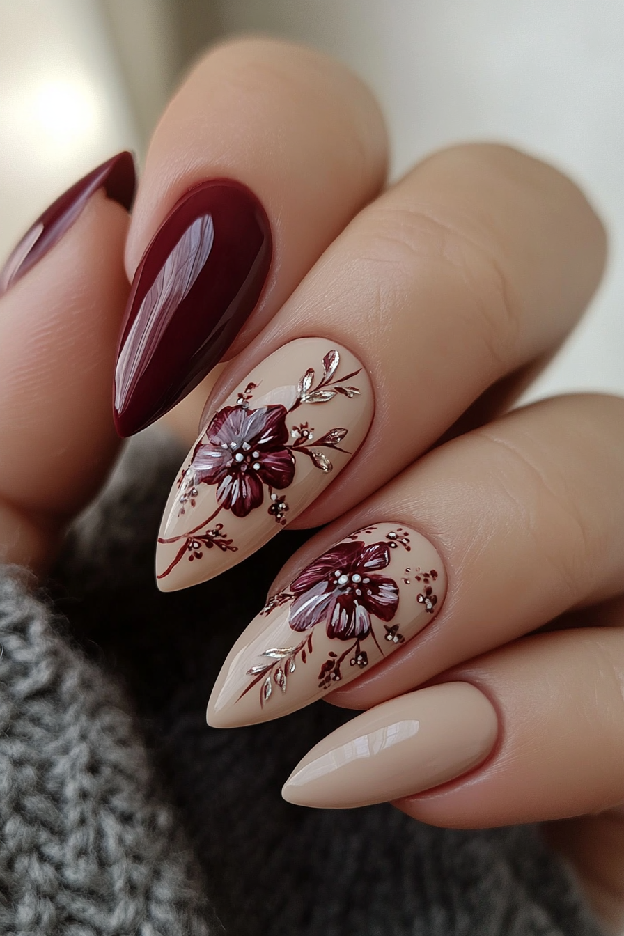 20. Maroon with Delicate Floral Designs (Maroon Color Nail Design Ideas) - Maroon Color Nail Design Ideas