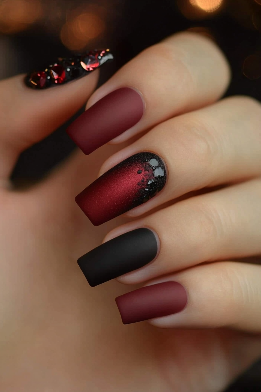 21. Maroon and Matte Black Combination (Maroon Color Nail Design Ideas) - Maroon Color Nail Design Ideas
