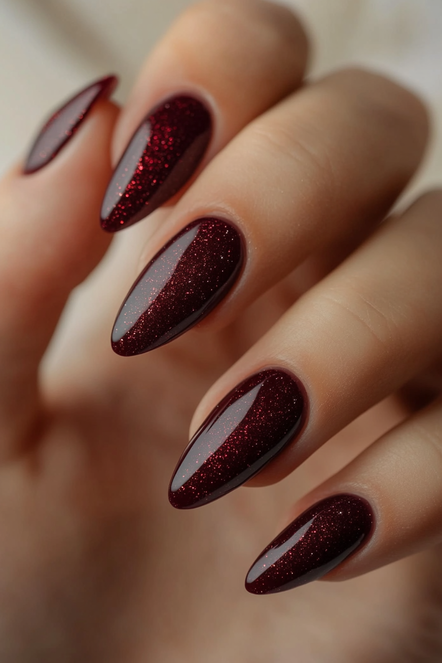 23. Maroon with Iridescent Flakes (Maroon Color Nail Design Ideas) - Maroon Color Nail Design Ideas