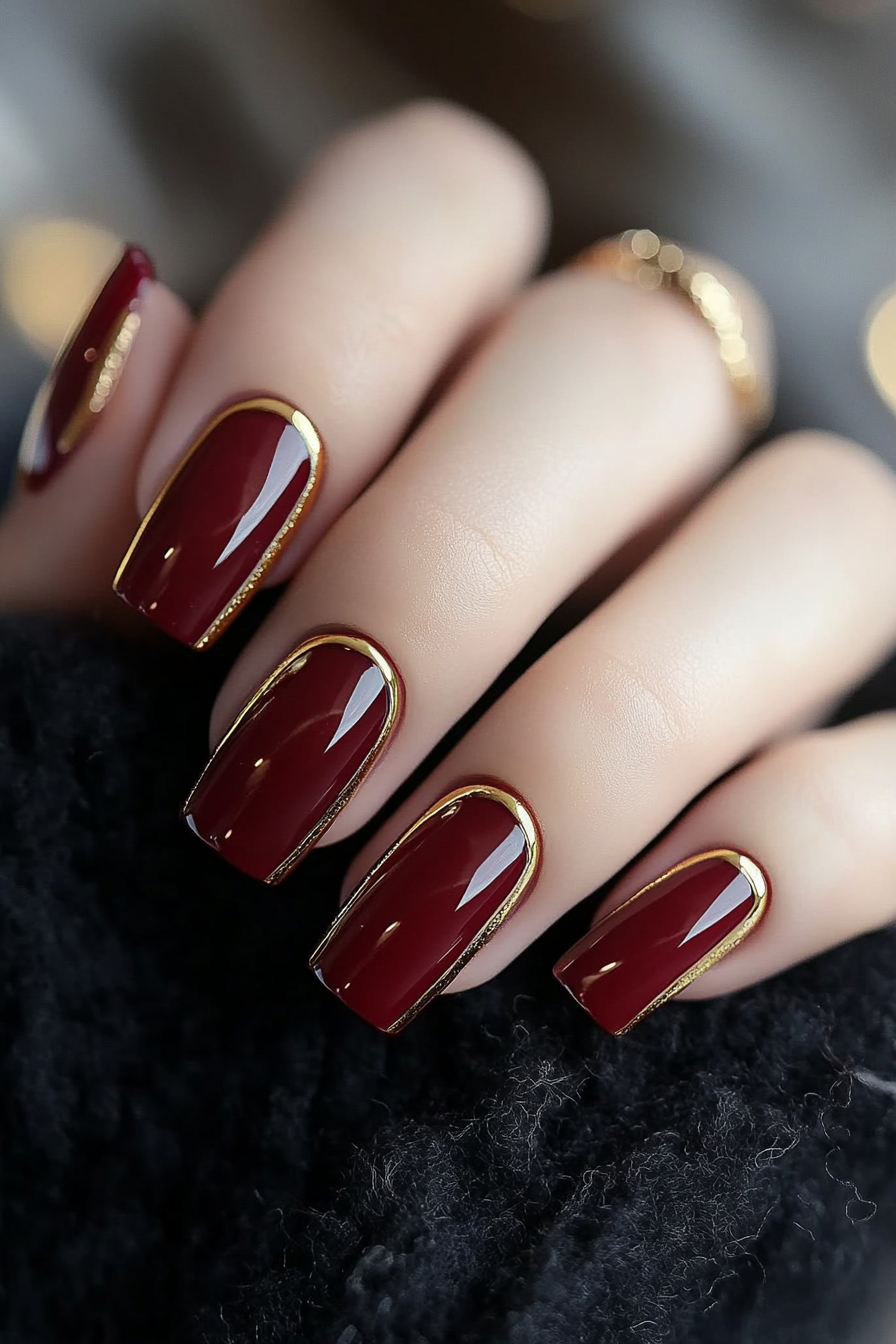 24. Maroon with Thin Gold Frames (Maroon Color Nail Design Ideas) - Maroon Color Nail Design Ideas