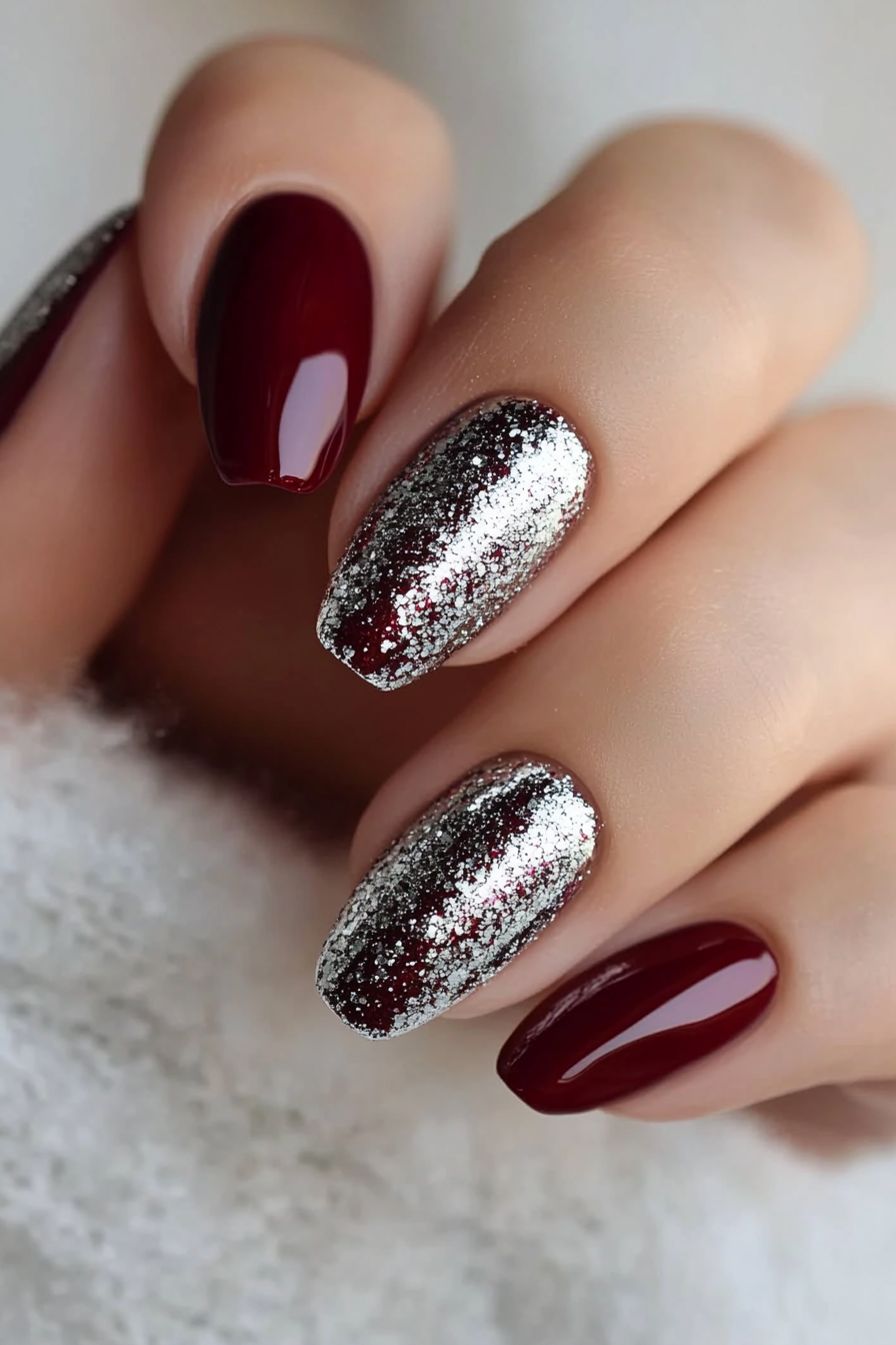 26. Maroon and Glittery Silver Accents (Maroon Color Nail Design Ideas) - Maroon Color Nail Design Ideas