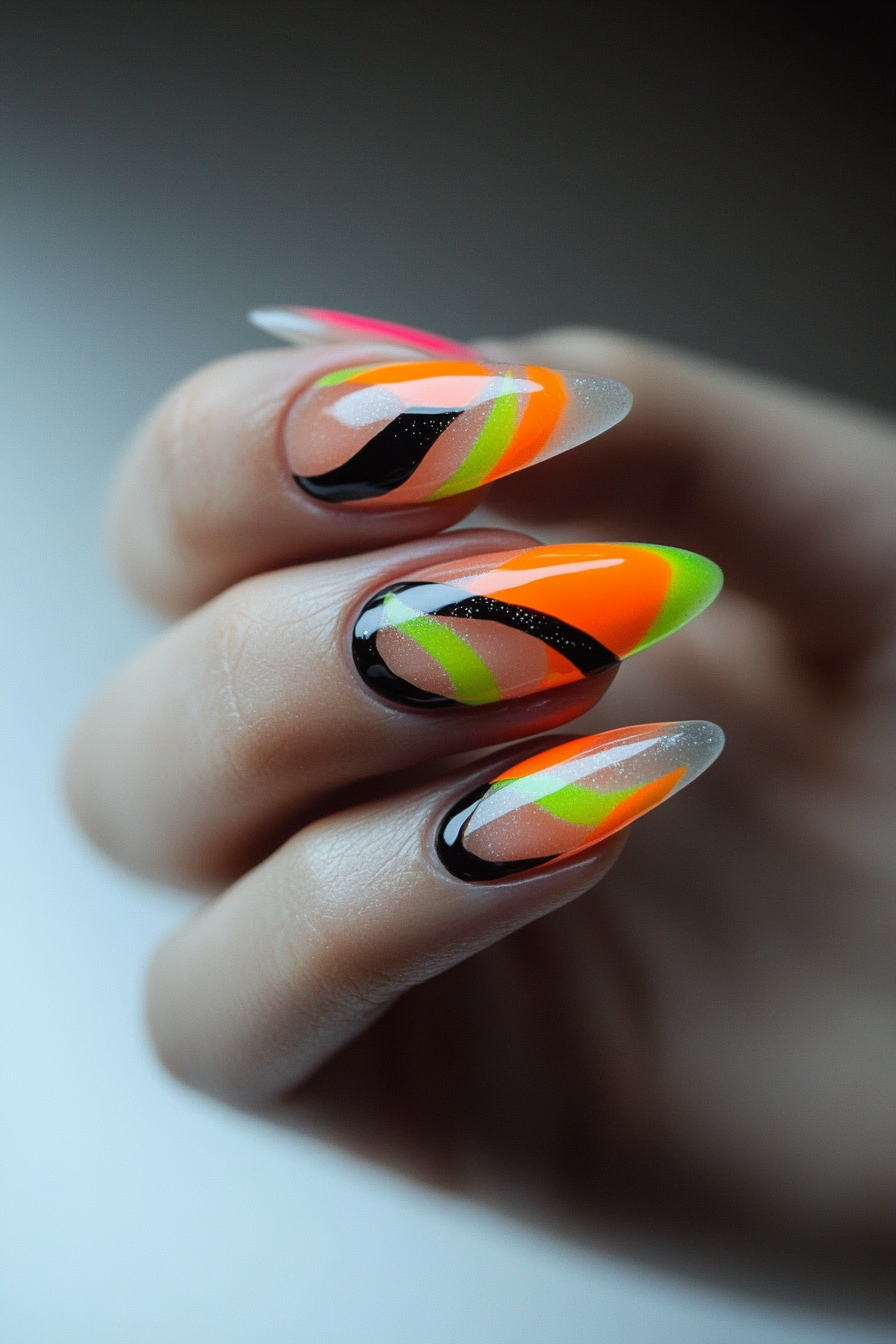 6. Tangerine Geometric Lines (Neon Nail Design Ideas) - Neon Nail Design Ideas
