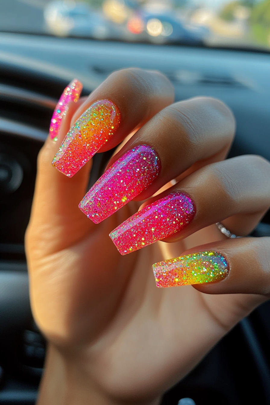 9. Fuchsia Glitter Explosion (Neon Nail Design Ideas) - Neon Nail Design Ideas