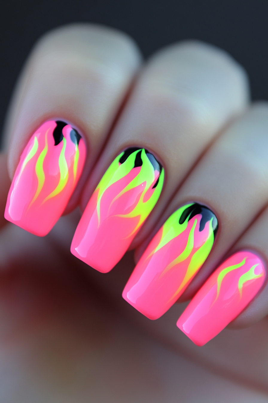 10. Neon Coral Flames (Neon Nail Design Ideas) - Neon Nail Design Ideas