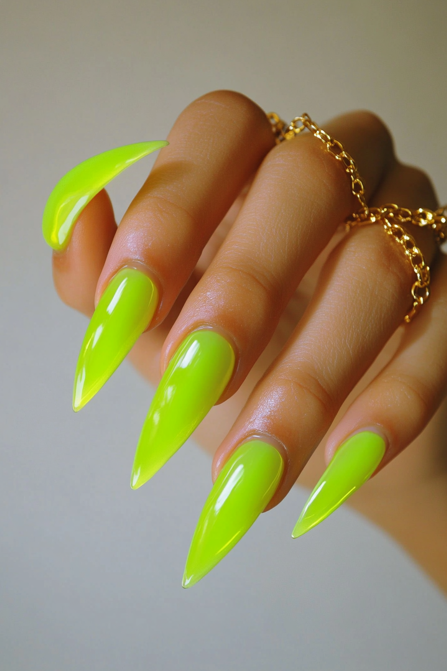 21. Acid Green Stiletto Nails (Neon Nail Design Ideas) - Neon Nail Design Ideas