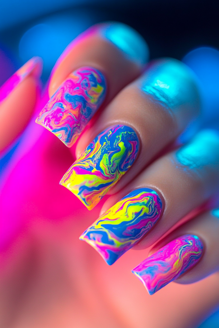 22. Psychedelic Marble Effect (Neon Nail Design Ideas) - Neon Nail Design Ideas