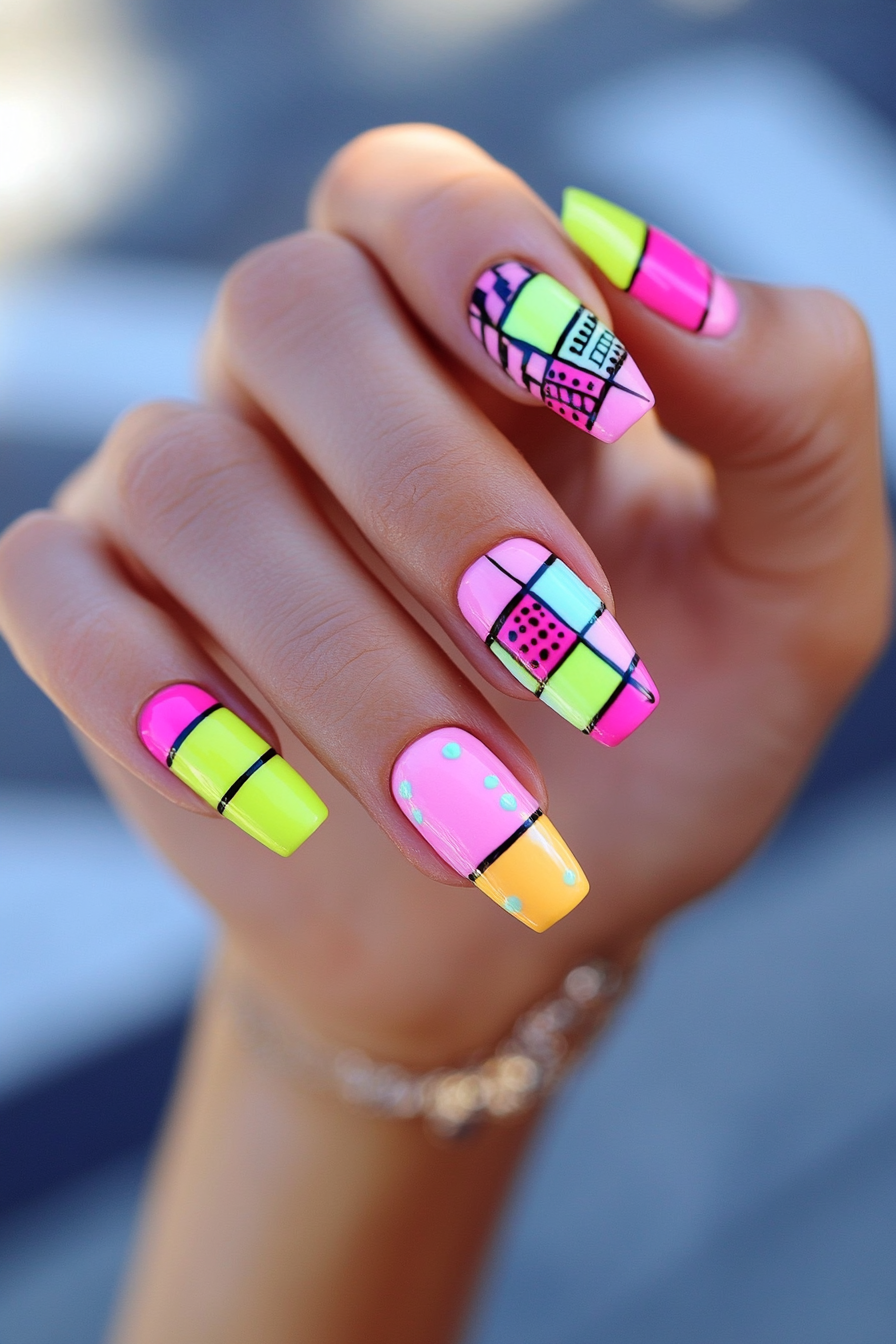 27. Checkerboard Neon (Neon Nail Design Ideas) - Neon Nail Design Ideas