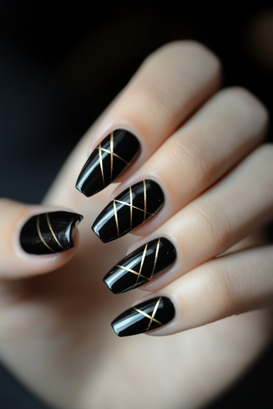 8. Black and Gold Minimalist (Oval Nail Design Ideas) - Oval Nail Design Ideas