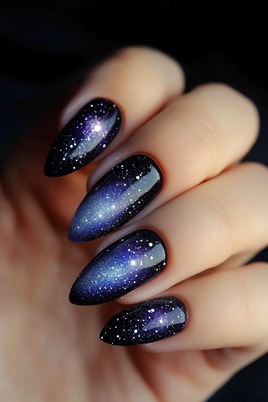 15. Midnight Galaxy (Oval Nail Design Ideas) - Oval Nail Design Ideas