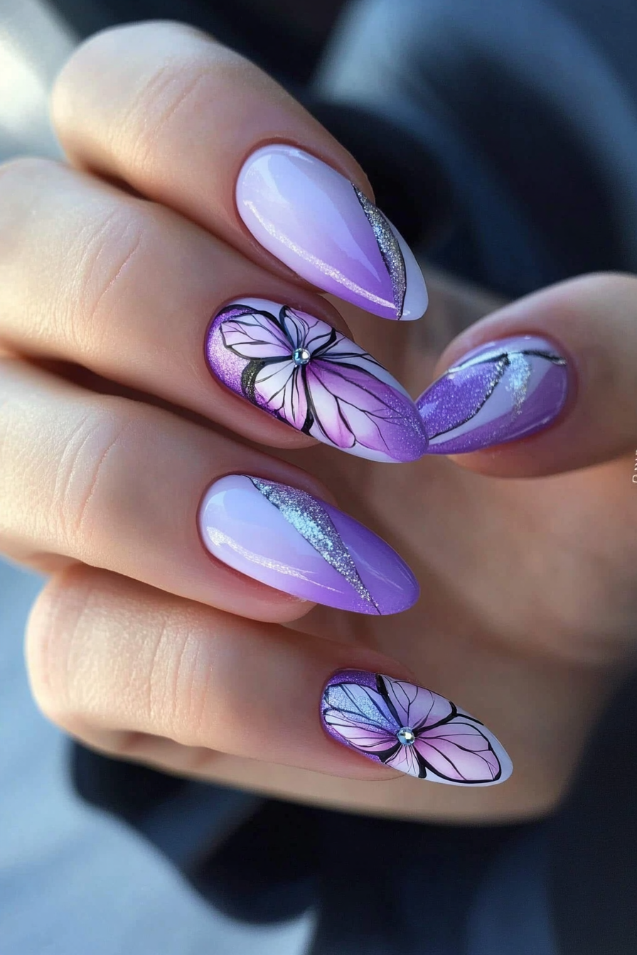 16. Lilac Butterfly Wings (Oval Nail Design Ideas) - Oval Nail Design Ideas