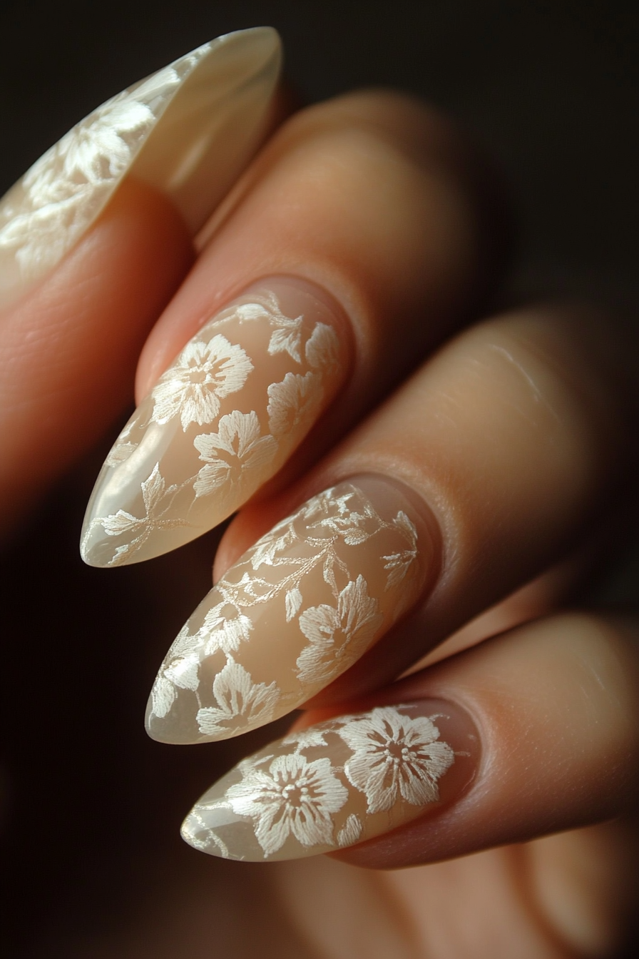 19. Floral Lace Detailing (Oval Nail Design Ideas) - Oval Nail Design Ideas