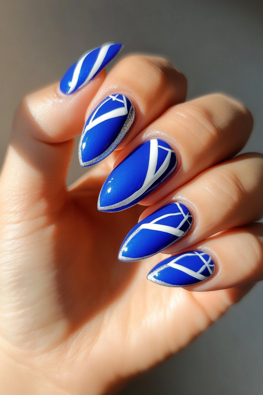 24. Cobalt and White Art Deco (Oval Nail Design Ideas) - Oval Nail Design Ideas