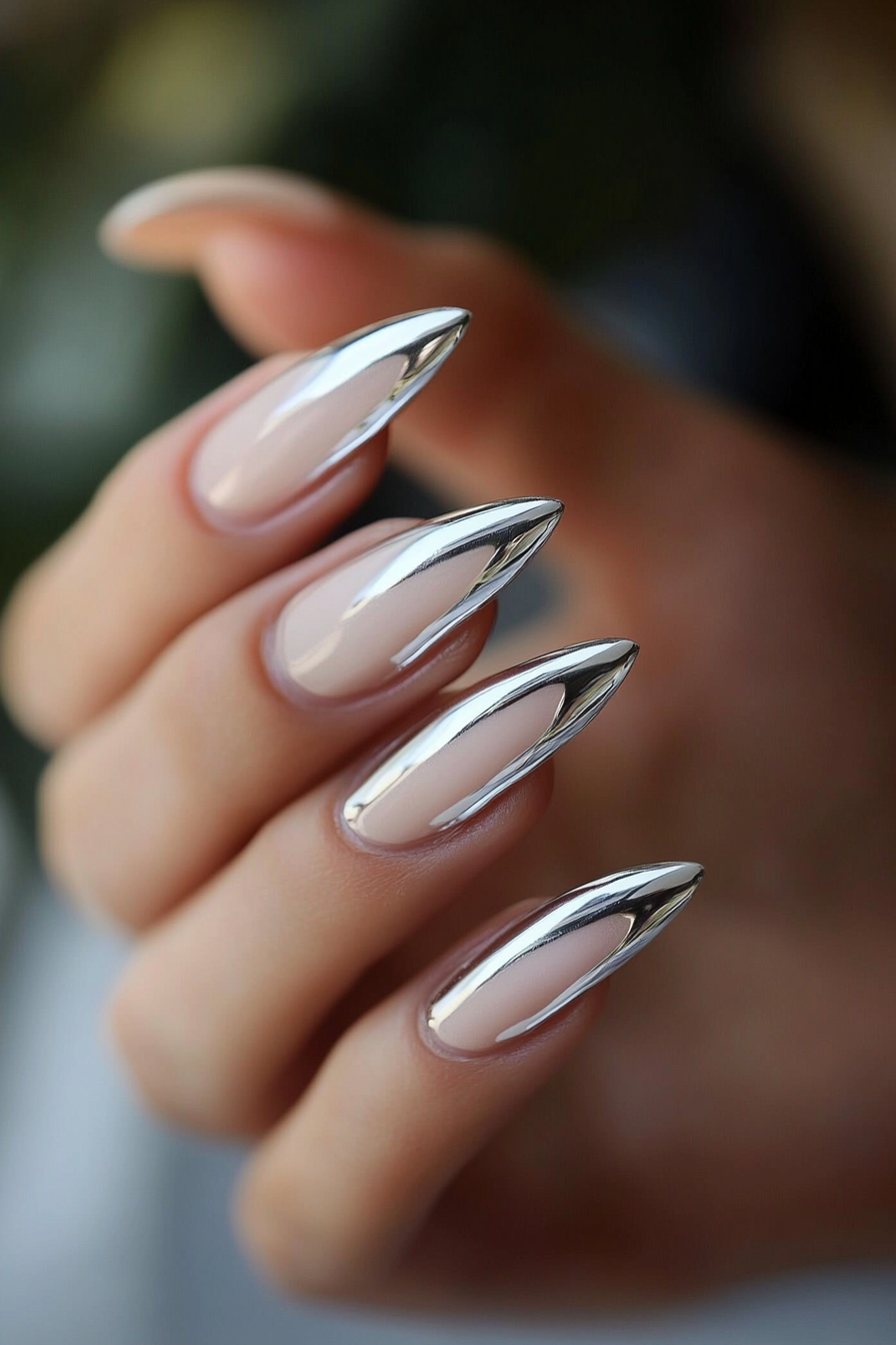 27. Silver Chrome French Tips (Oval Nail Design Ideas) - Oval Nail Design Ideas