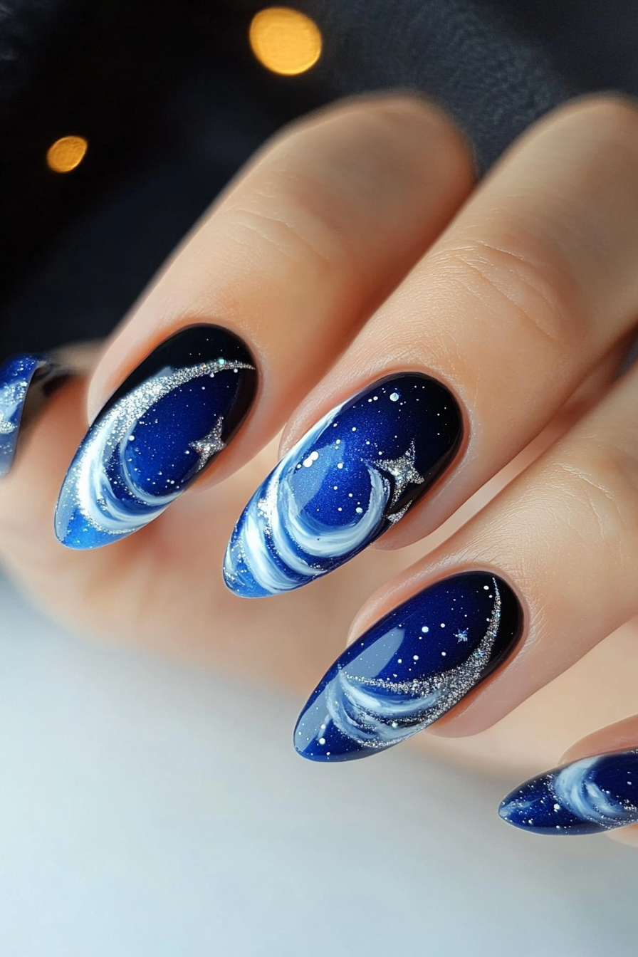 4. Midnight Galaxy Swirls (Royal Blue Nail Design Ideas) - Royal Blue Nail Design Ideas