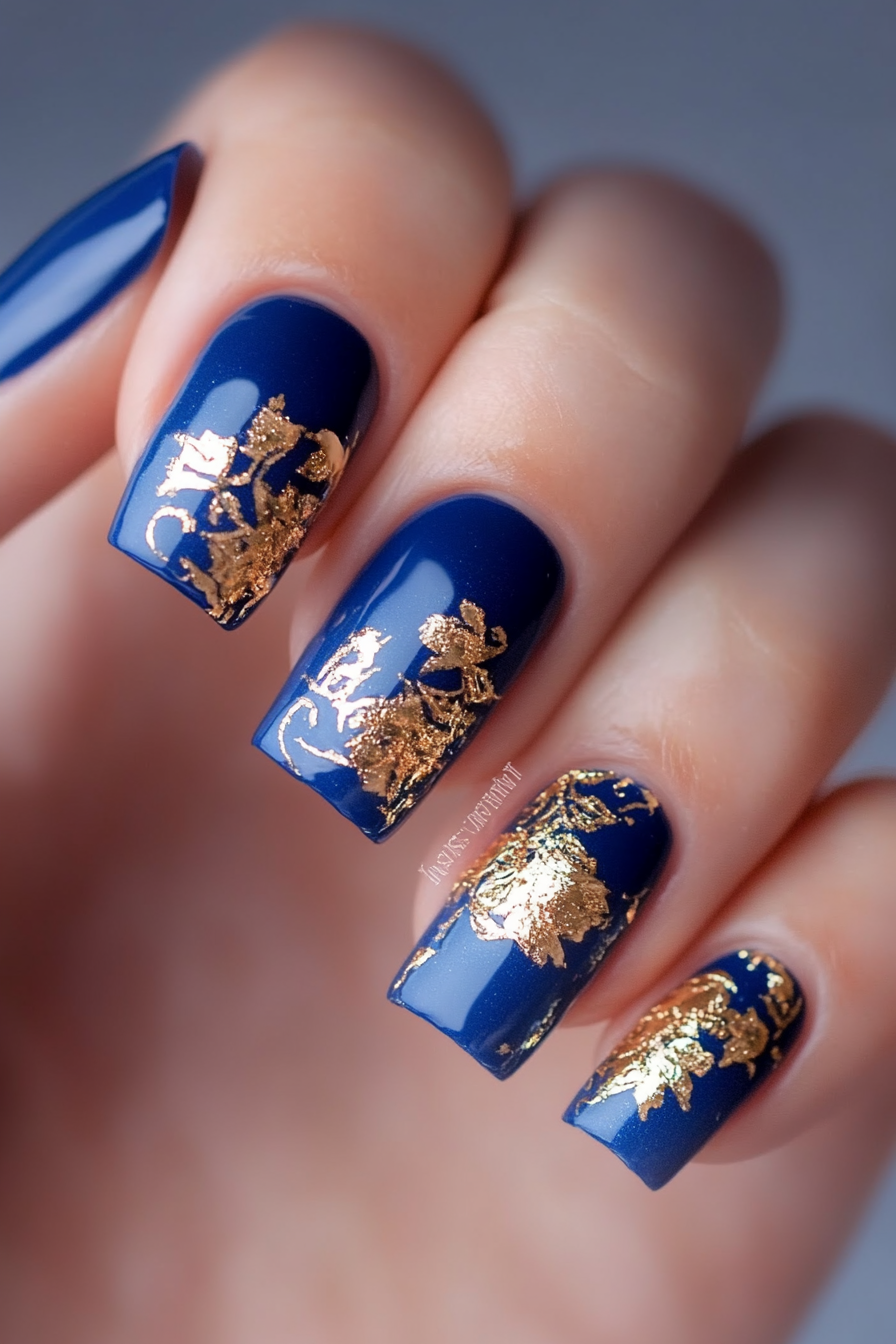 7. Royal Blue and Gold Foil (Royal Blue Nail Design Ideas) - Royal Blue Nail Design Ideas