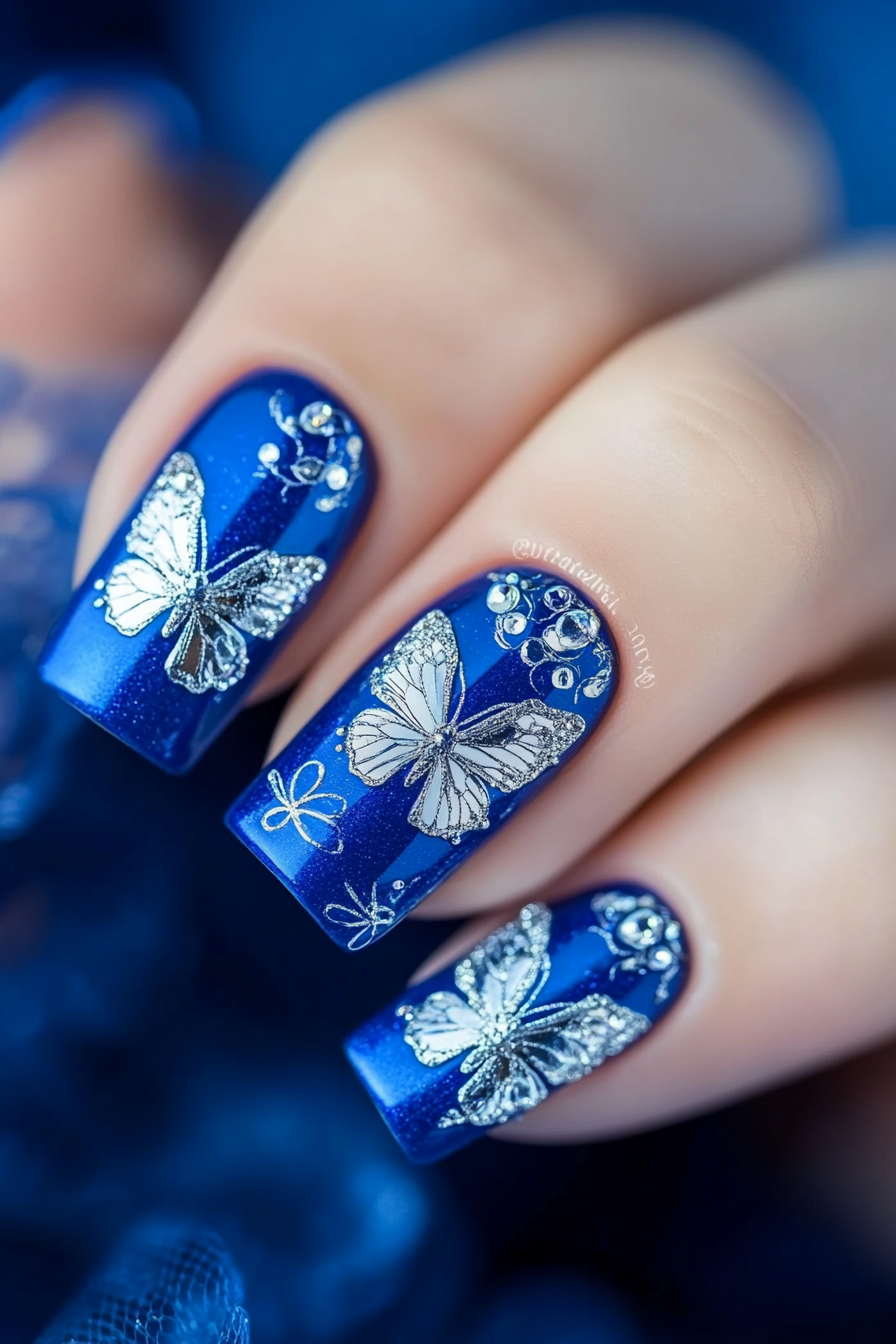8. Butterfly Embellished Blue (Royal Blue Nail Design Ideas) - Royal Blue Nail Design Ideas
