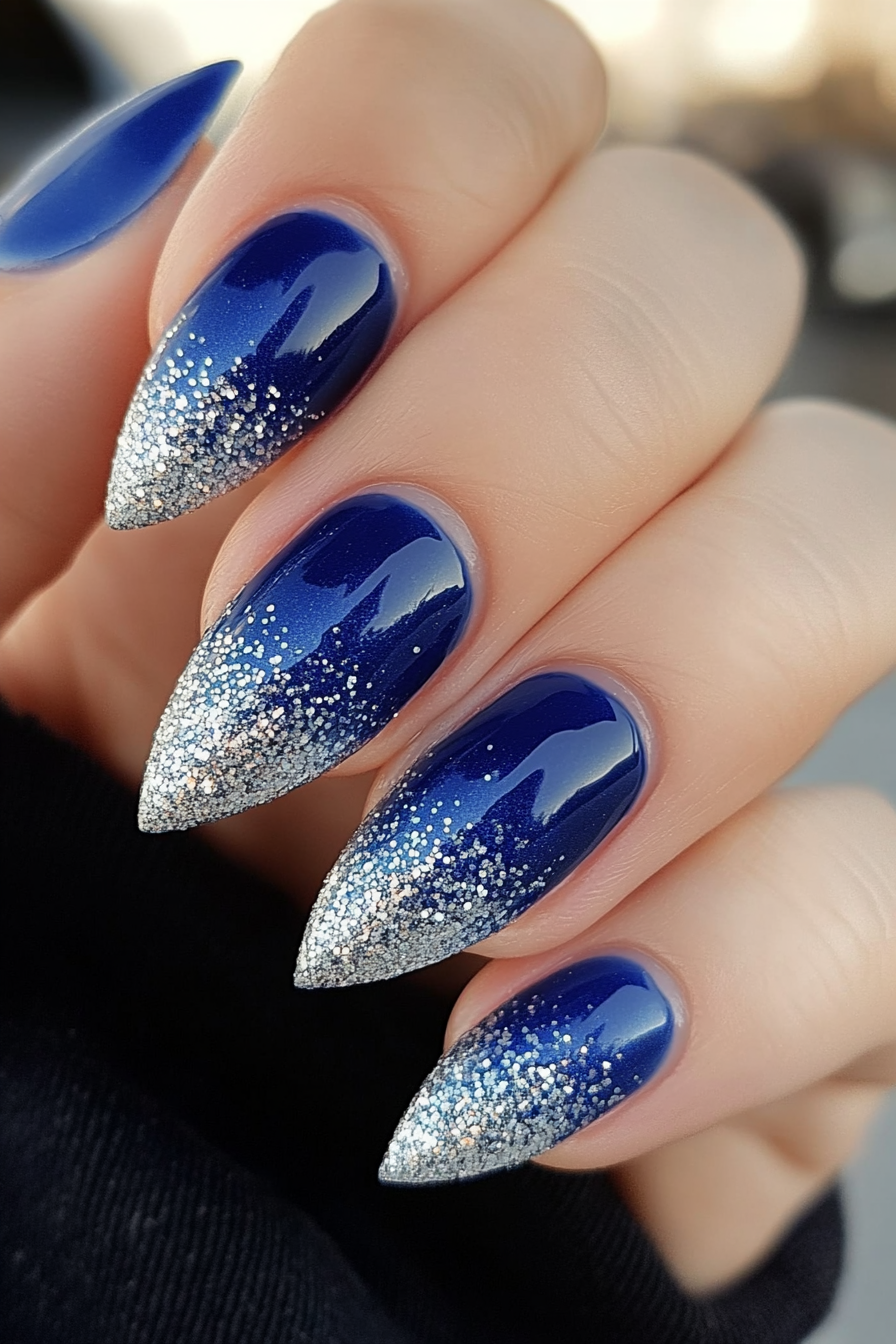 9. Blue and Silver Glitter Ombré (Royal Blue Nail Design Ideas) - Royal Blue Nail Design Ideas