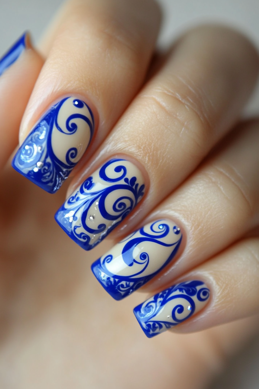 12. Royal Blue Swirls on Beige (Royal Blue Nail Design Ideas) - Royal Blue Nail Design Ideas