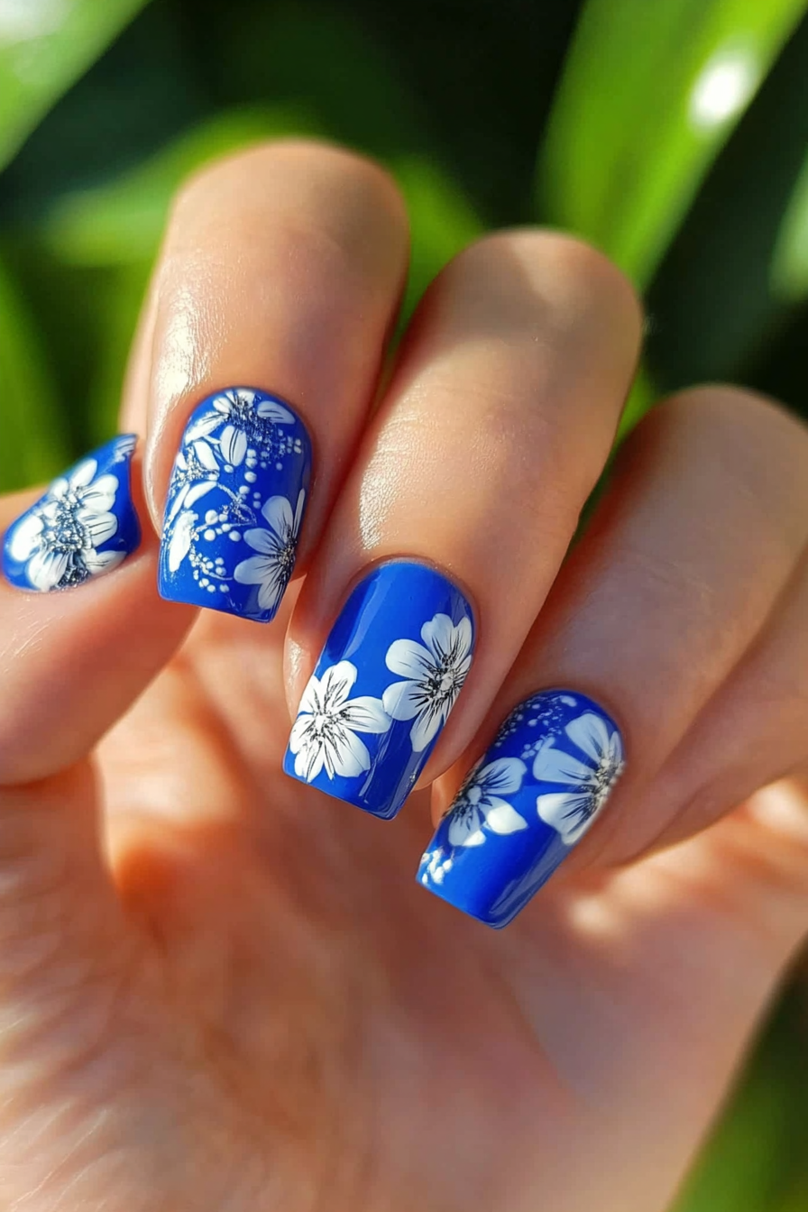 21. Elegant Blue Florals (Royal Blue Nail Design Ideas) - Royal Blue Nail Design Ideas