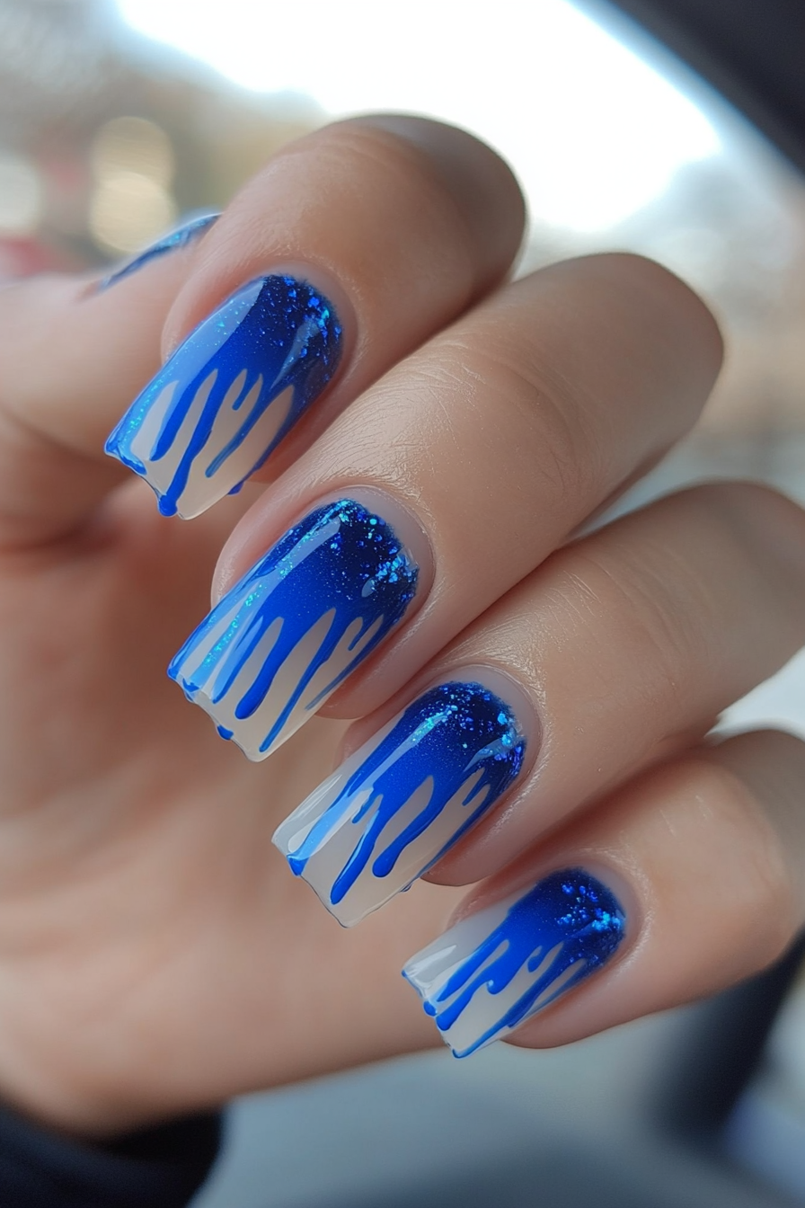 24. Blue Drip Art Nails (Royal Blue Nail Design Ideas) - Royal Blue Nail Design Ideas