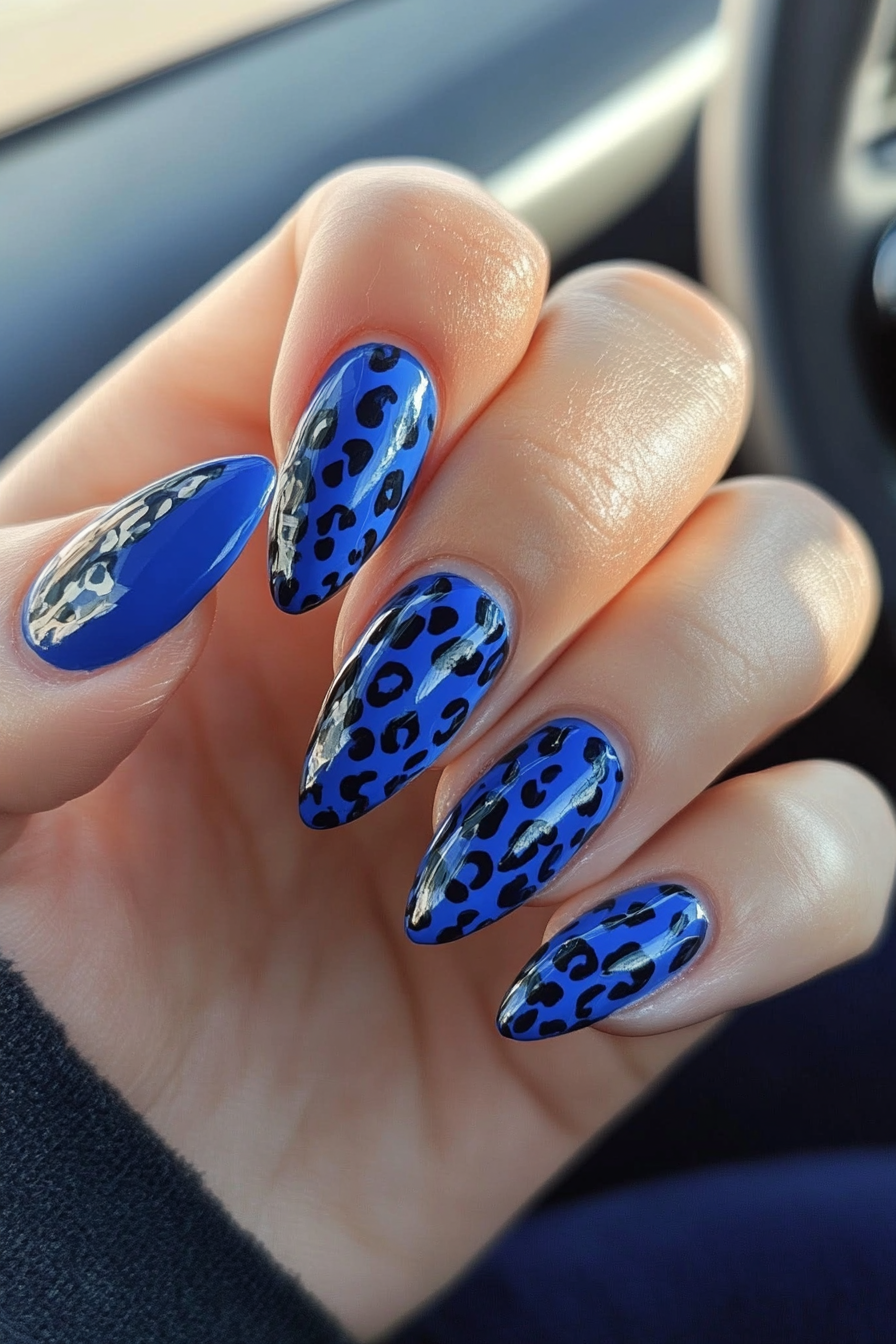 27. Blue Leopard Print Accents (Royal Blue Nail Design Ideas) - Royal Blue Nail Design Ideas