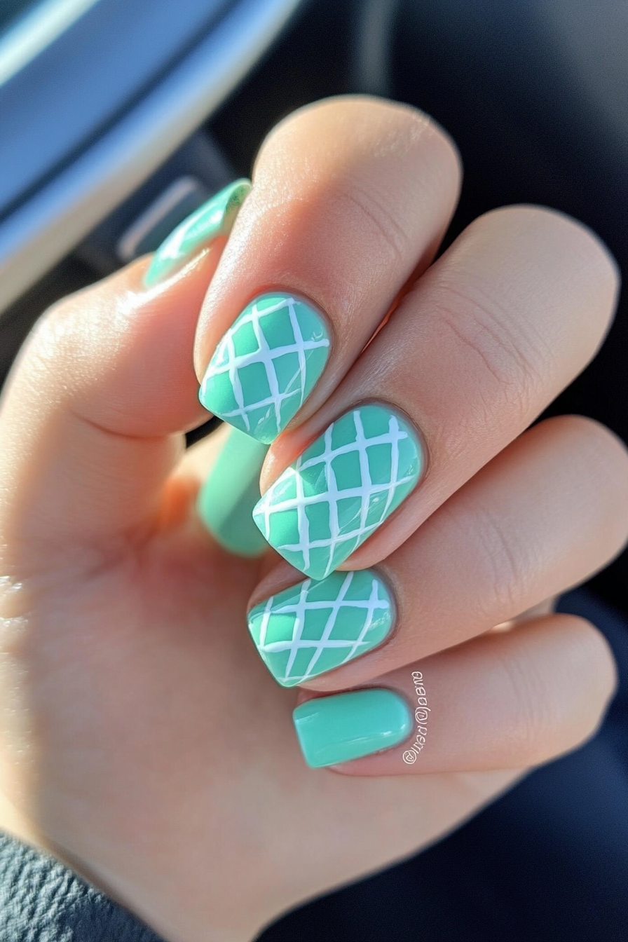 15. Mint Lattice Accent (Short Square Nail Design Ideas) - Short Square Nail Design Ideas