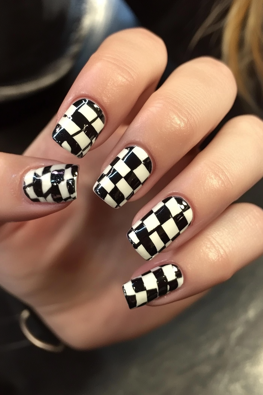 16. Black & White Check Chic (Short Square Nail Design Ideas) - Short Square Nail Design Ideas