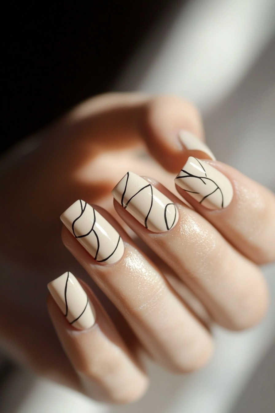 18. Abstract Mocha Line Art (Short Square Nail Design Ideas) - Short Square Nail Design Ideas
