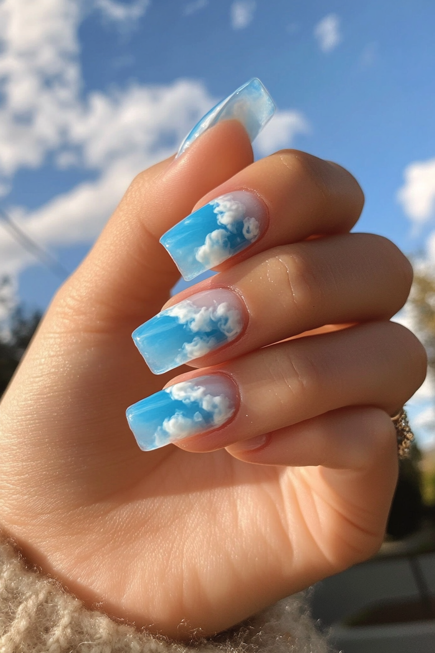 22. Sky Blue Cloudy Tips (Short Square Nail Design Ideas) - Short Square Nail Design Ideas