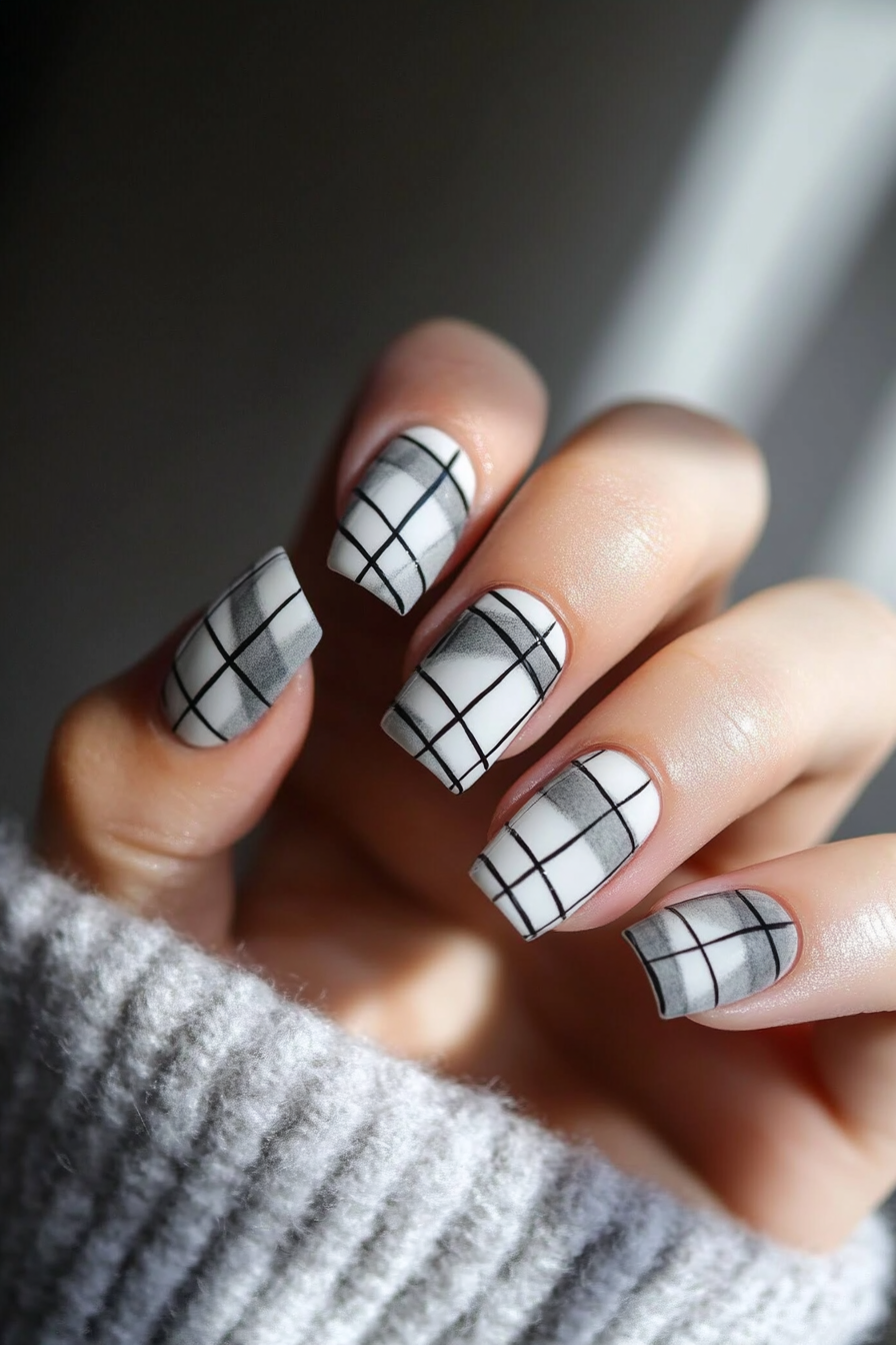 24. Soft Gray Plaid (Short Square Nail Design Ideas) - Short Square Nail Design Ideas