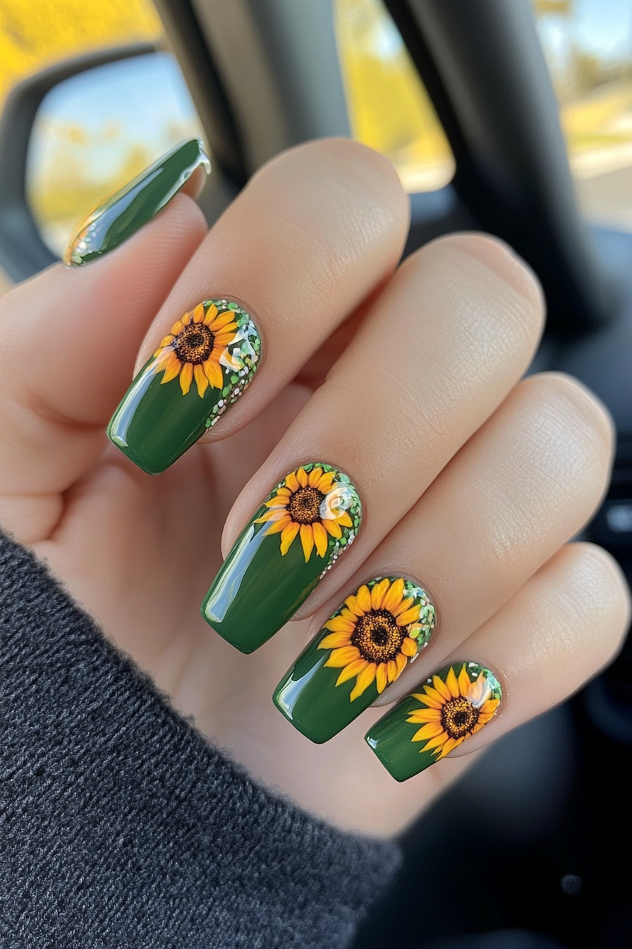 2. Matte Olive Sunflower Tips (Sunflower Nail Design Ideas) - Sunflower Nail Design Ideas