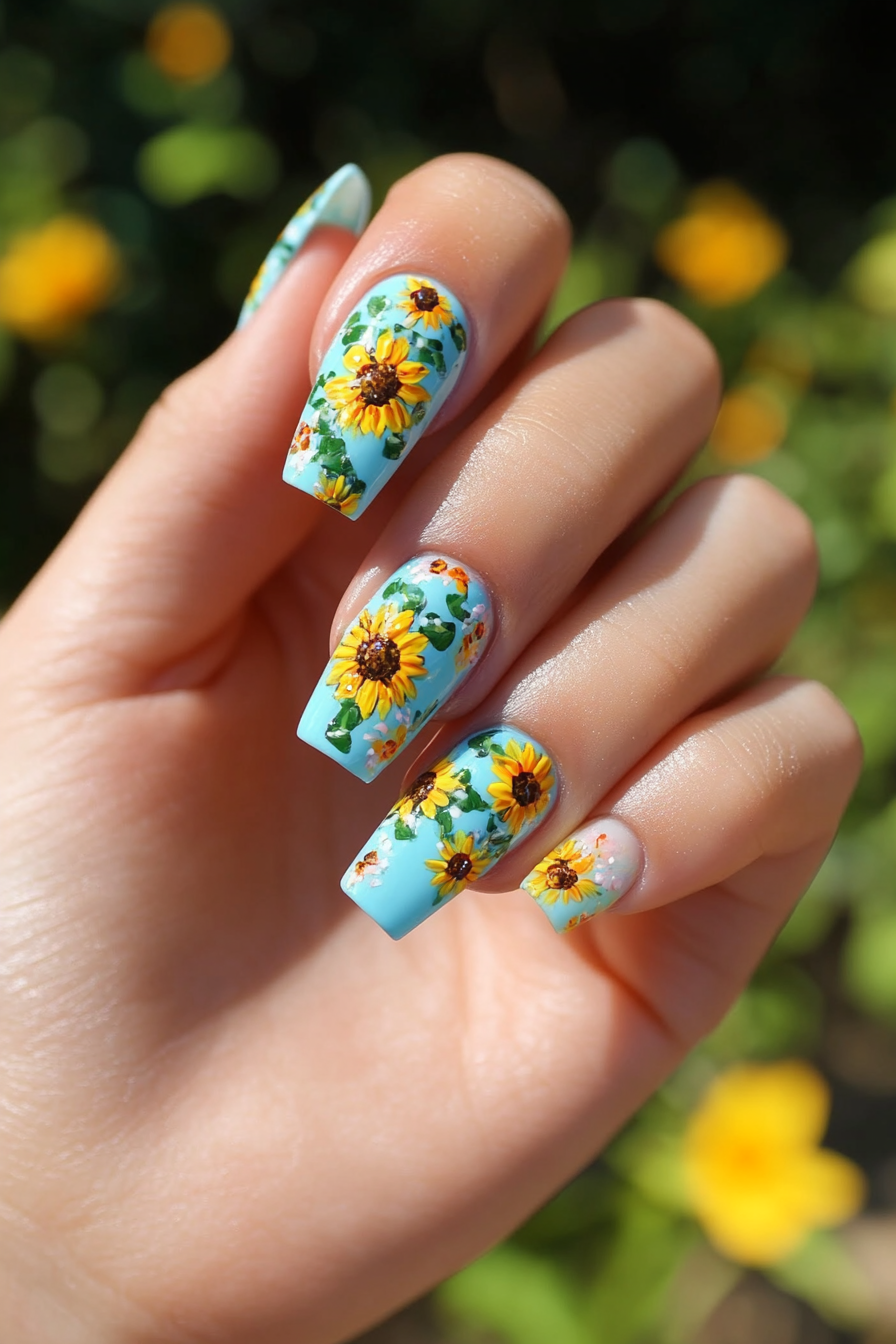 3. Sunflowers on Sky Blue (Sunflower Nail Design Ideas) - Sunflower Nail Design Ideas