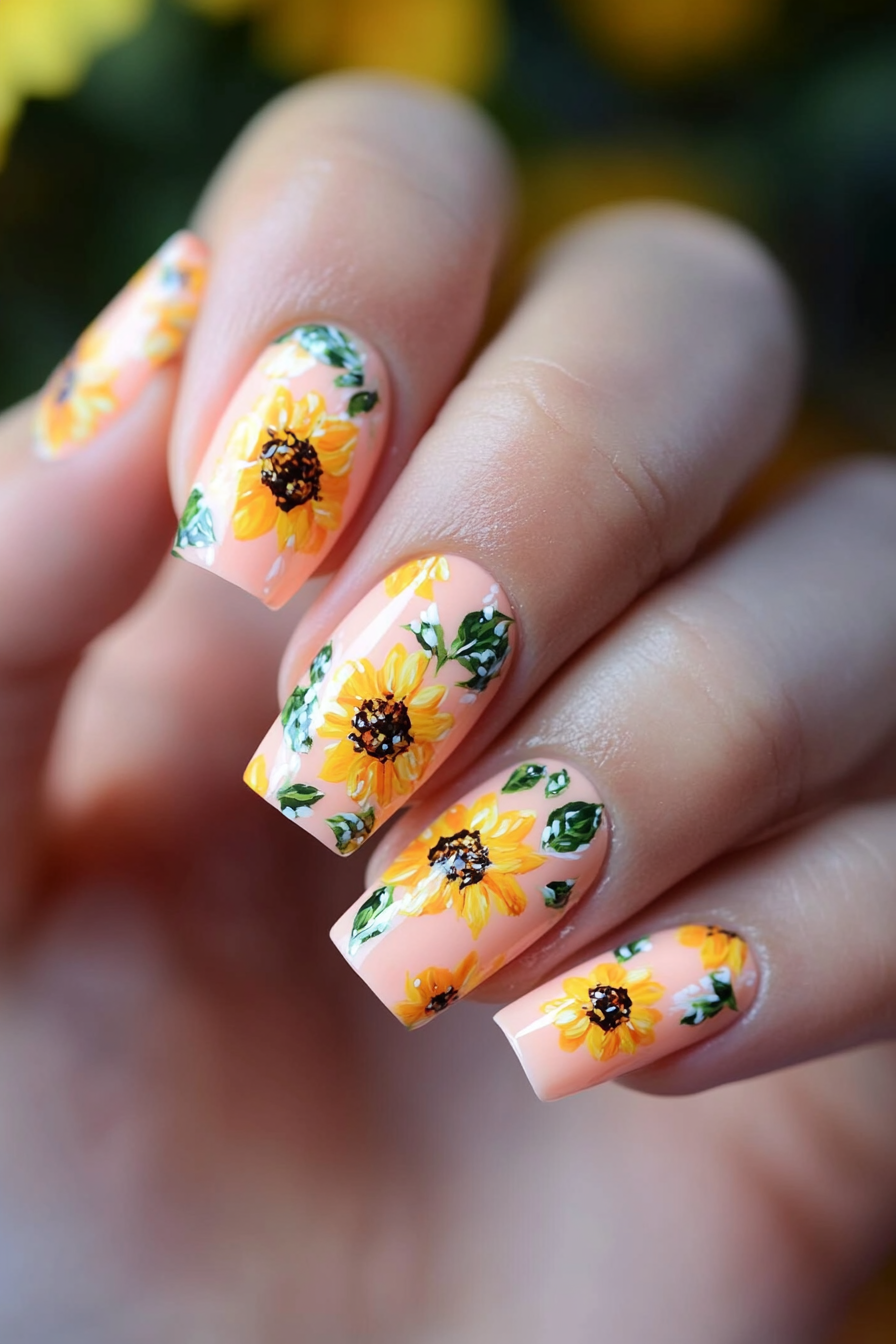 4. Pastel Peach Garden Blooms (Sunflower Nail Design Ideas) - Sunflower Nail Design Ideas
