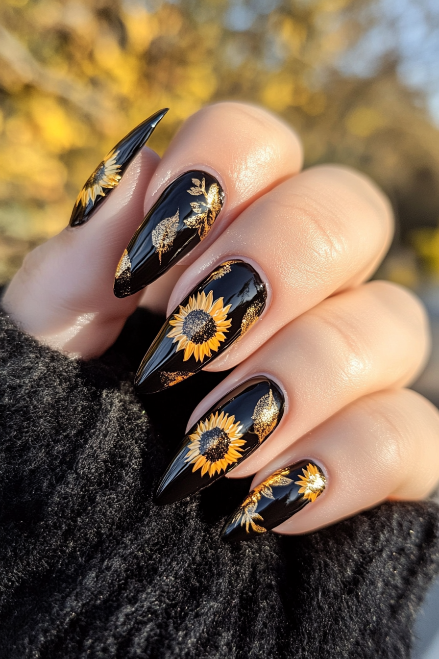 6. Black & Gold Sunflower Chic (Sunflower Nail Design Ideas) - Sunflower Nail Design Ideas