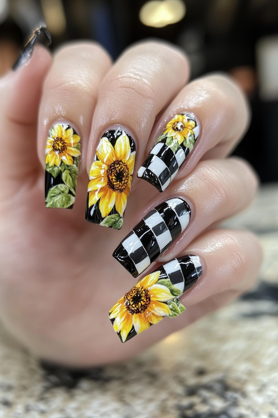 7. Sunflowers & Gingham Accents (Sunflower Nail Design Ideas) - Sunflower Nail Design Ideas