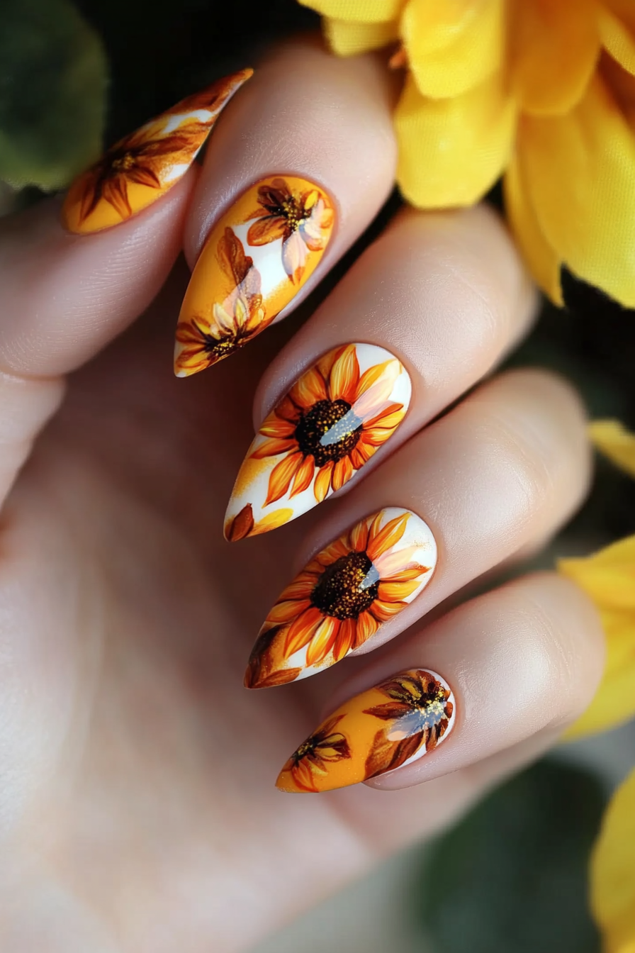 9. Burnt Orange Rustic Sunflowers (Sunflower Nail Design Ideas) - Sunflower Nail Design Ideas