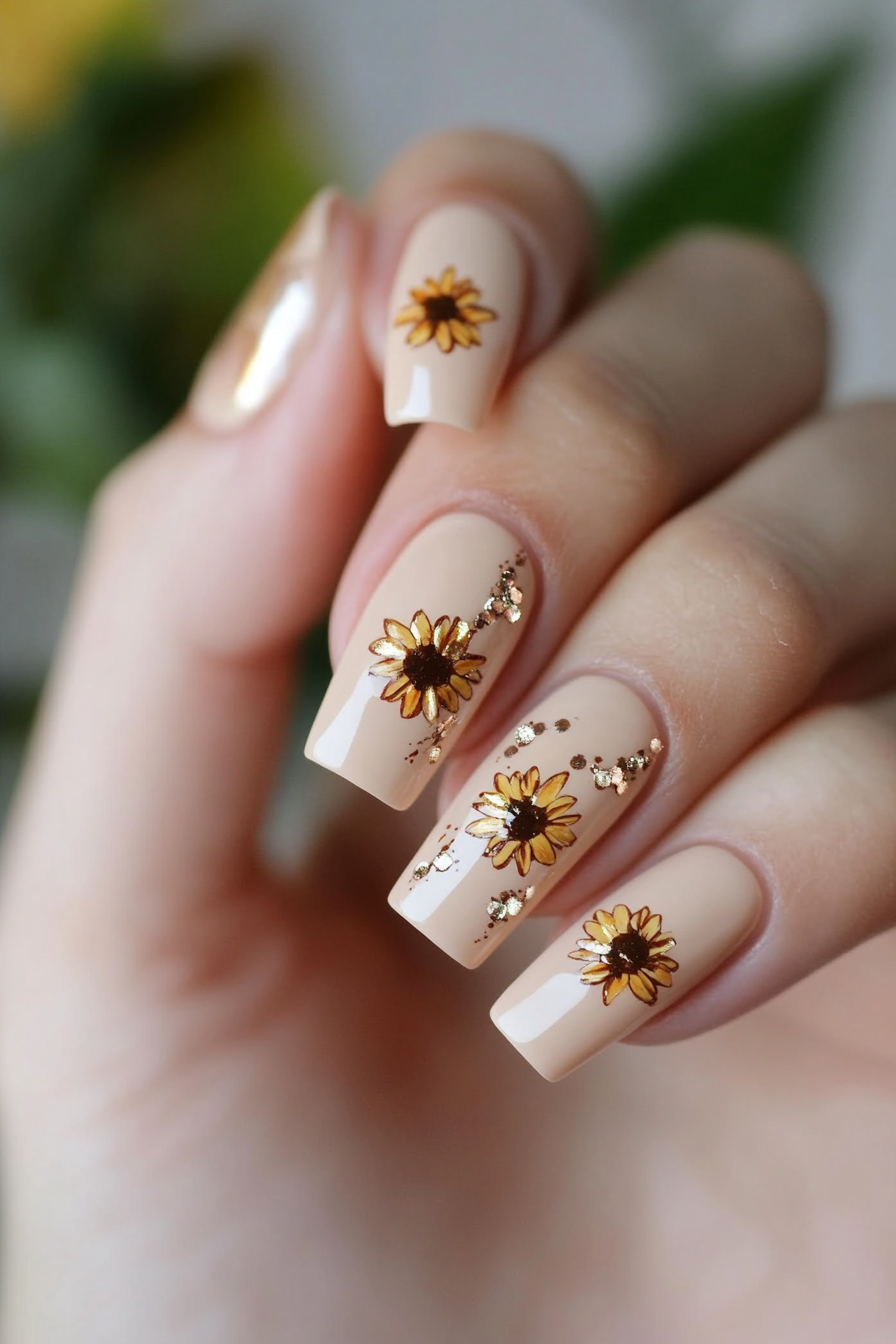 10. Minimalist Sunflower Dots (Sunflower Nail Design Ideas) - Sunflower Nail Design Ideas
