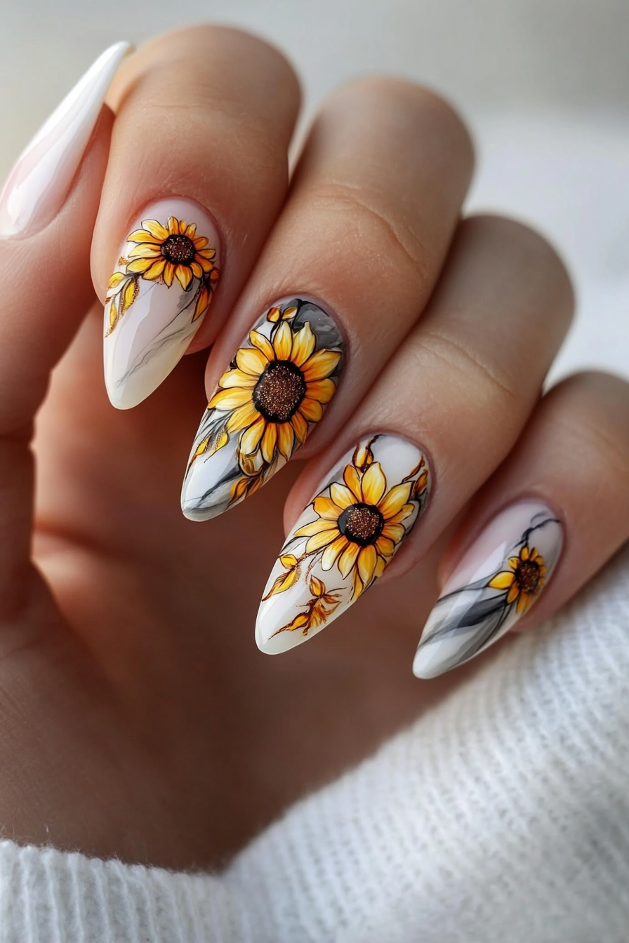 11. Sunflower Marble Mix (Sunflower Nail Design Ideas) - Sunflower Nail Design Ideas