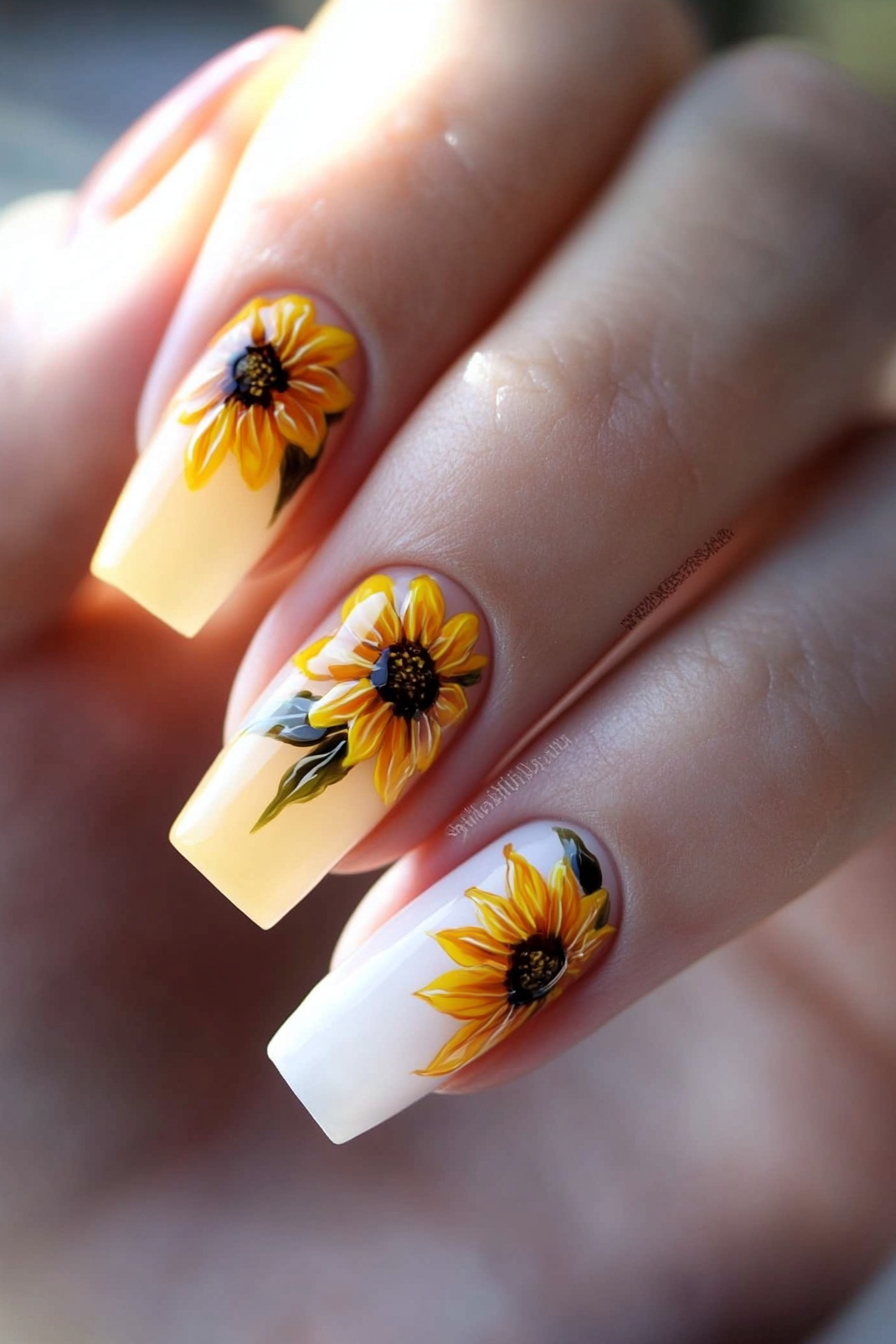 12. Lemon Yellow Sunflower Tips (Sunflower Nail Design Ideas) - Sunflower Nail Design Ideas