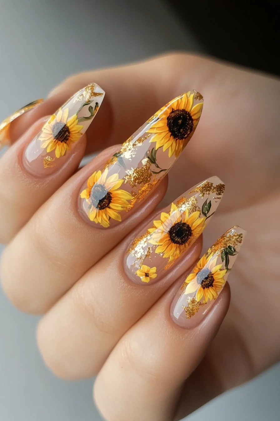 13. Sunflower & Foil Fusion (Sunflower Nail Design Ideas) - Sunflower Nail Design Ideas