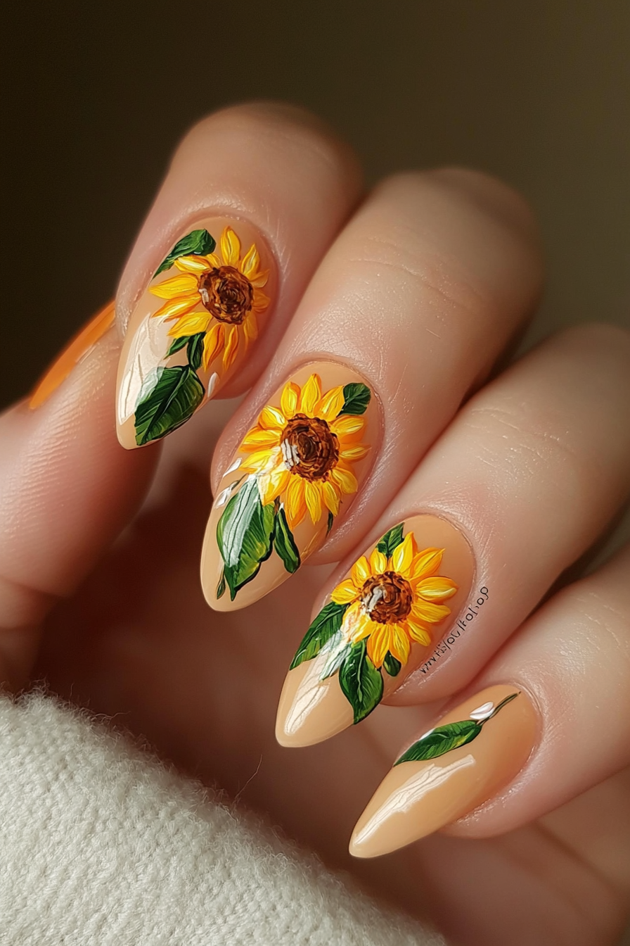 14. Terracotta Bloom Nail Art (Sunflower Nail Design Ideas) - Sunflower Nail Design Ideas