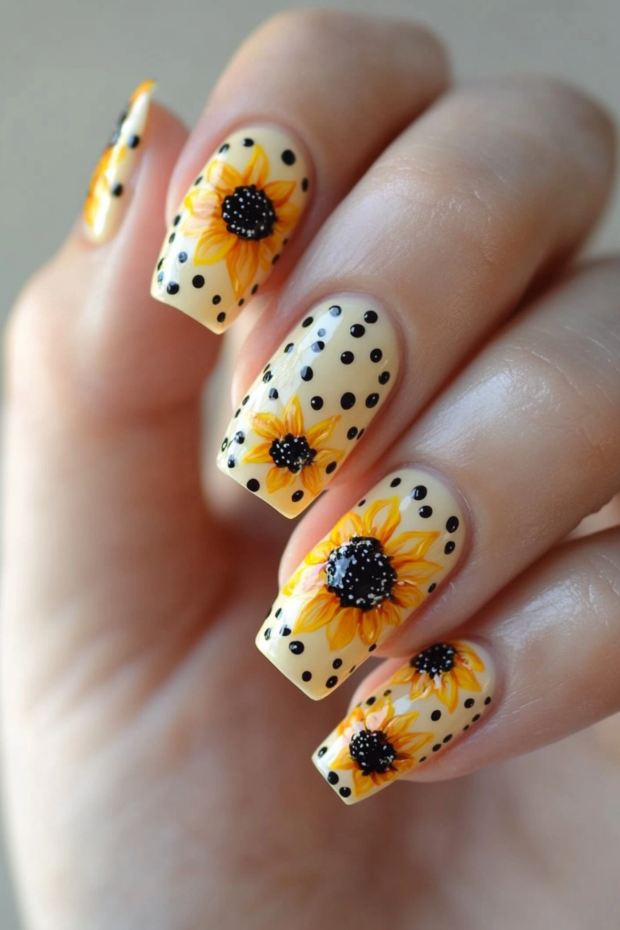 15. Sunflower & Polka Dot Combo (Sunflower Nail Design Ideas) - Sunflower Nail Design Ideas