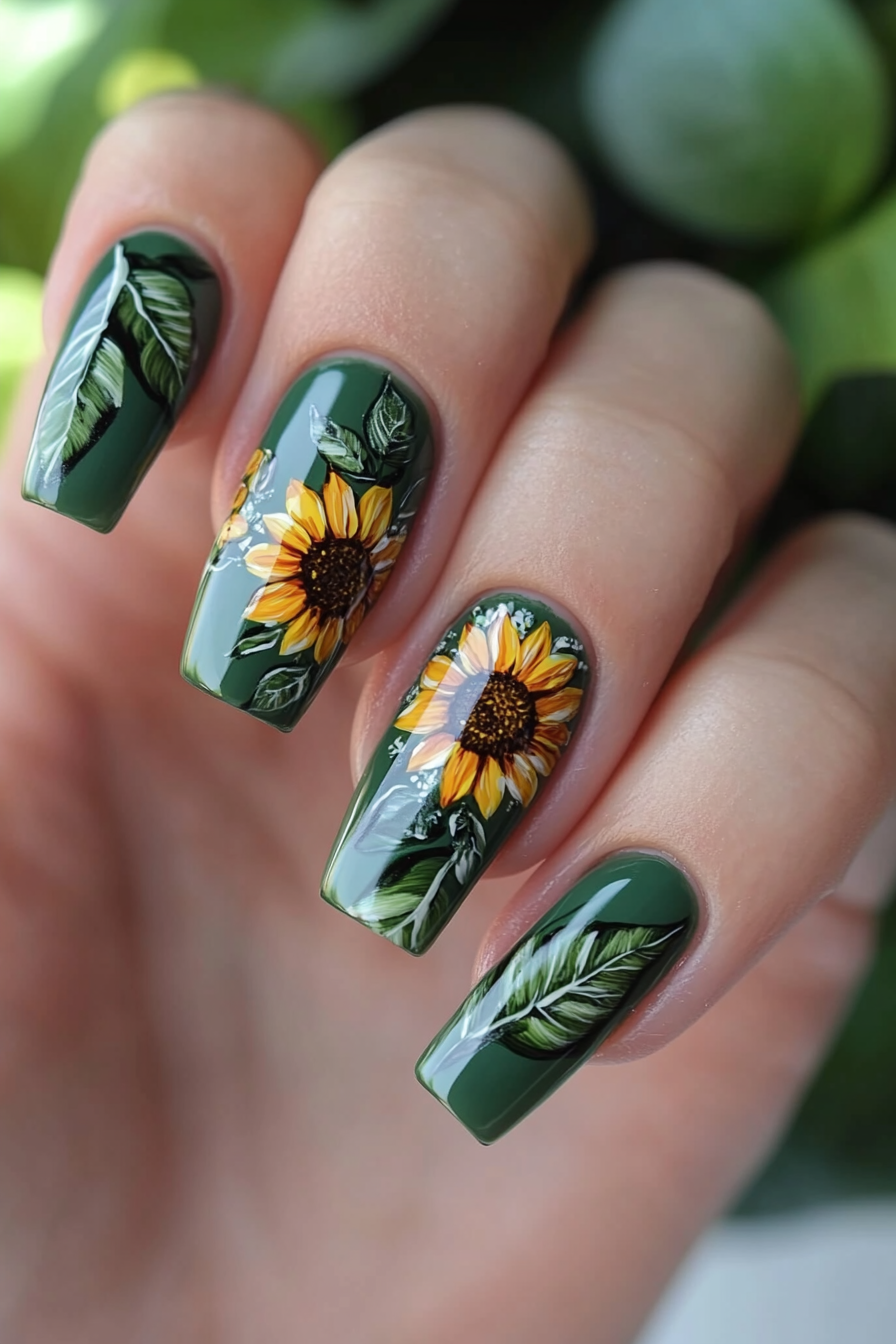 16. Green Leaf & Sunflower Harmony (Sunflower Nail Design Ideas) - Sunflower Nail Design Ideas