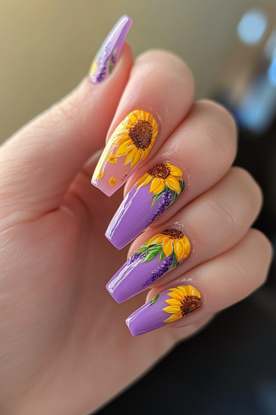 18. Sunflower & Lavender Duo (Sunflower Nail Design Ideas) - Sunflower Nail Design Ideas