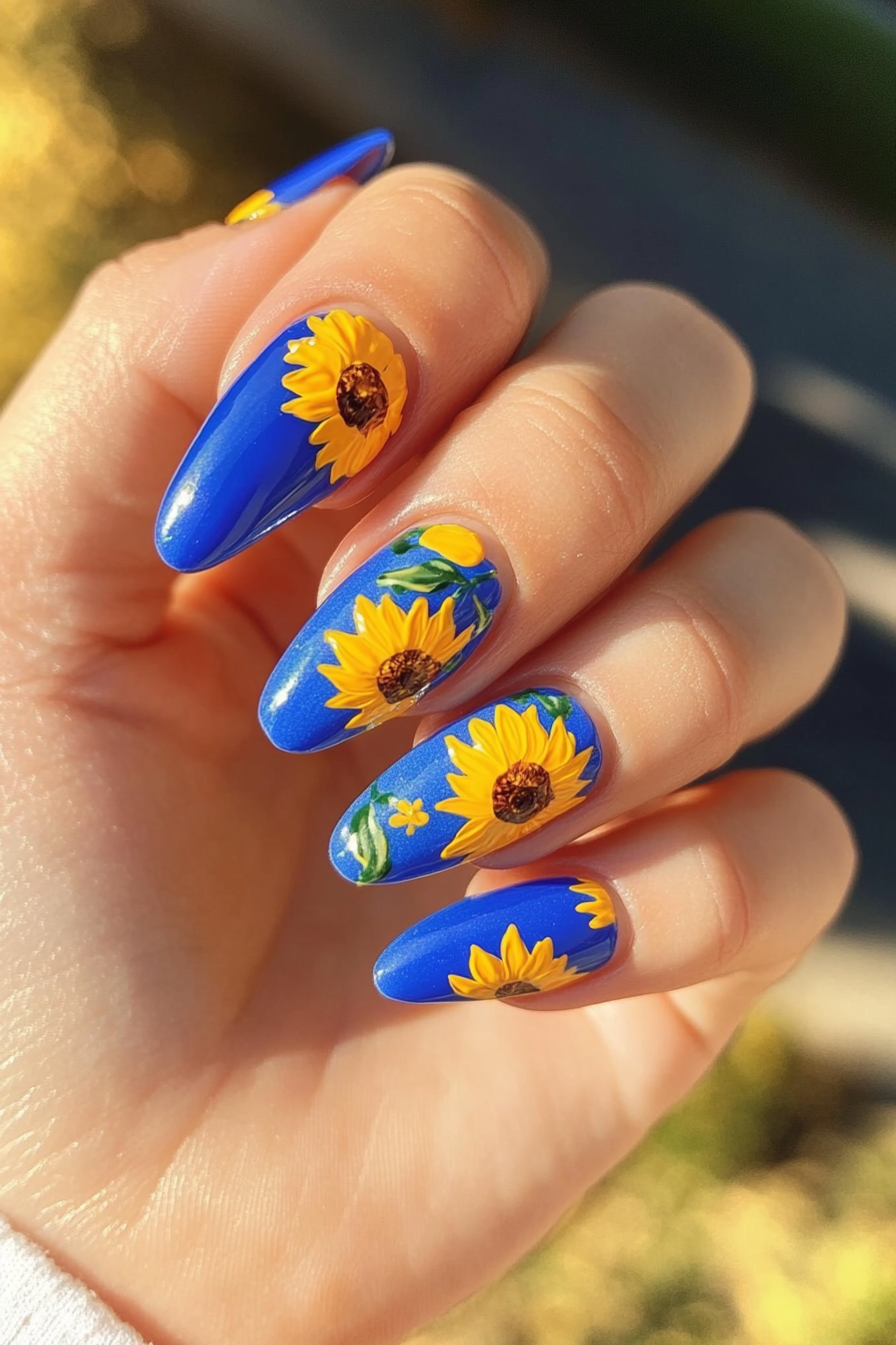 20. Royal Blue Sunflower Contrast (Sunflower Nail Design Ideas) - Sunflower Nail Design Ideas