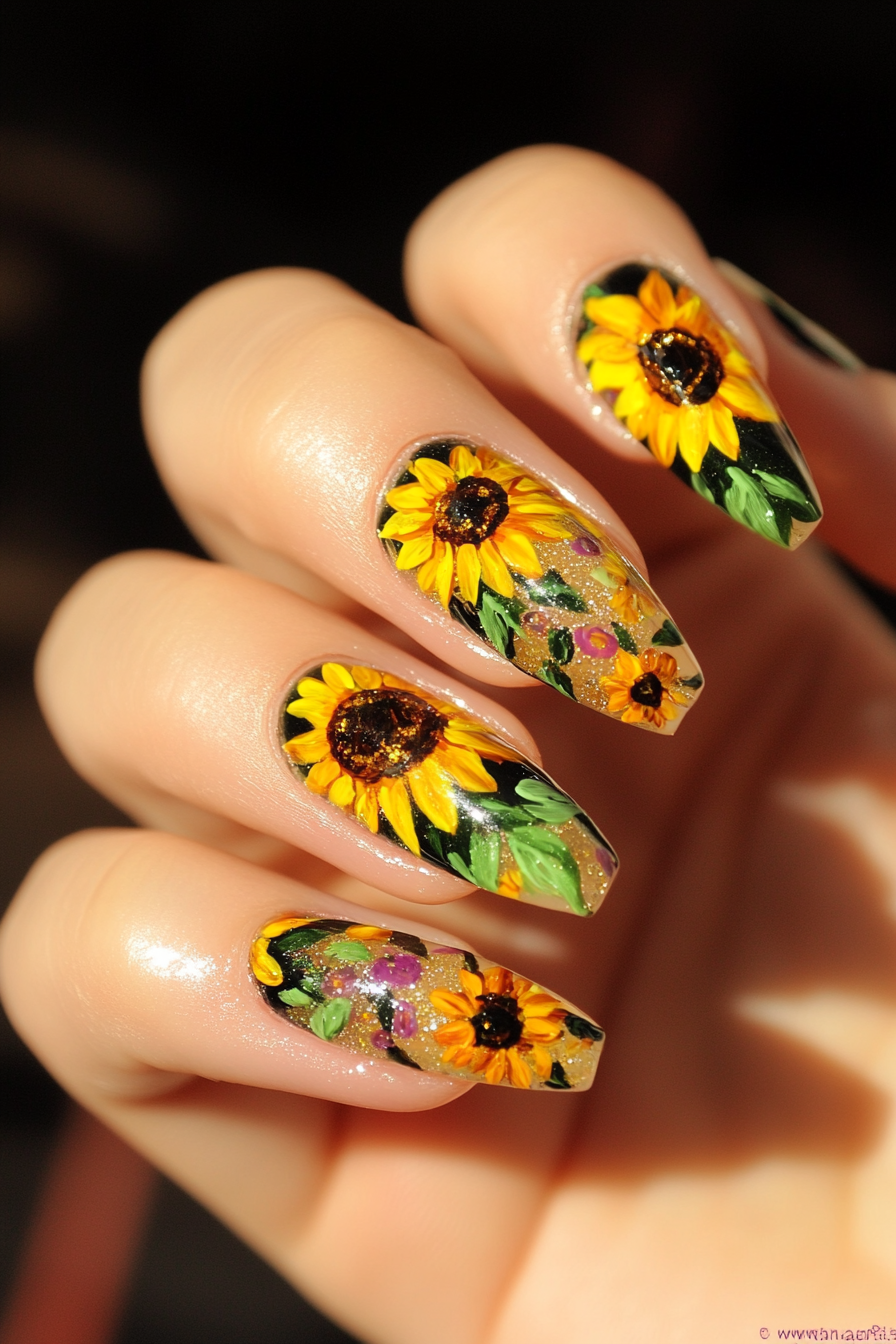 21. Clear Sunflower Overlay (Sunflower Nail Design Ideas) - Sunflower Nail Design Ideas