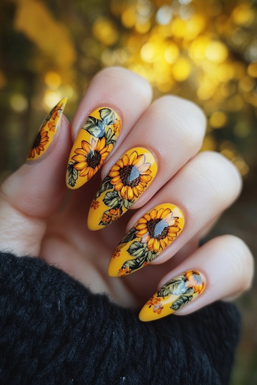 22. Sunflowers with Matte Mustard Base (Sunflower Nail Design Ideas) - Sunflower Nail Design Ideas