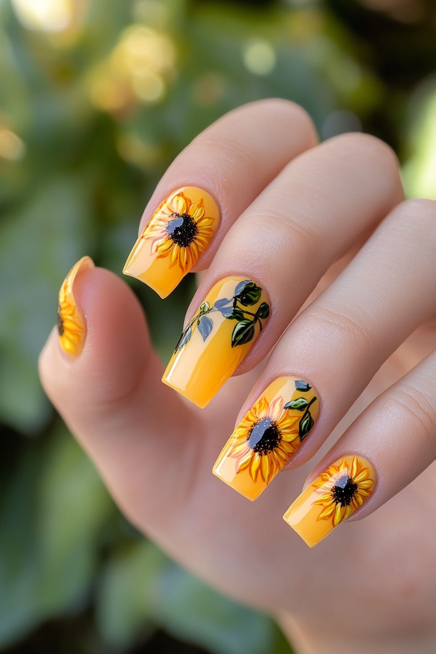 23. Sunflower Accent Nail with Coral (Sunflower Nail Design Ideas) - Sunflower Nail Design Ideas