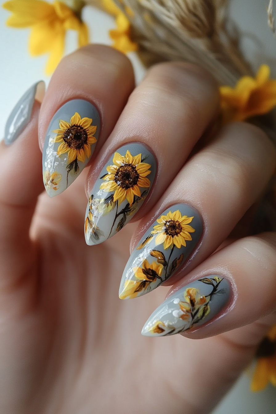 24. Sunflowers and Soft Gray Harmony (Sunflower Nail Design Ideas) - Sunflower Nail Design Ideas