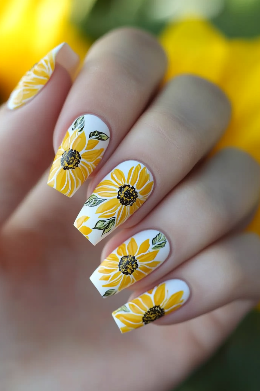25. White Outlined Sunflowers (Sunflower Nail Design Ideas) - Sunflower Nail Design Ideas